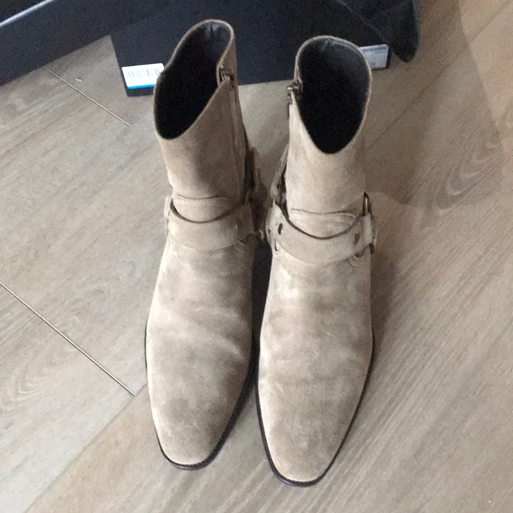 Saint Laurent harness boots in taupe suede—size 44/11 US